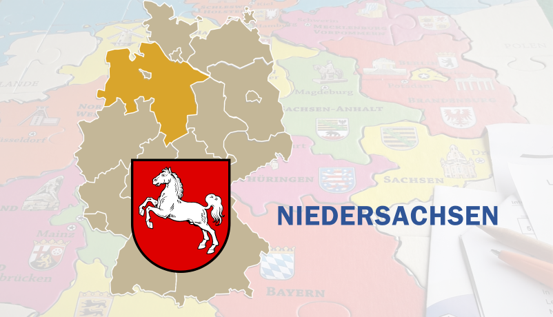 Deutschlandkarte mit hervorgehobenem Niedersachsen und niedersächsischem Landeswappen