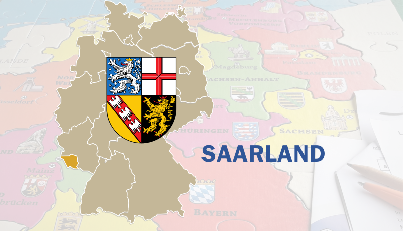 Deutschlandkarte mit hervorgehobenem Saarland und saarländischem Wappen