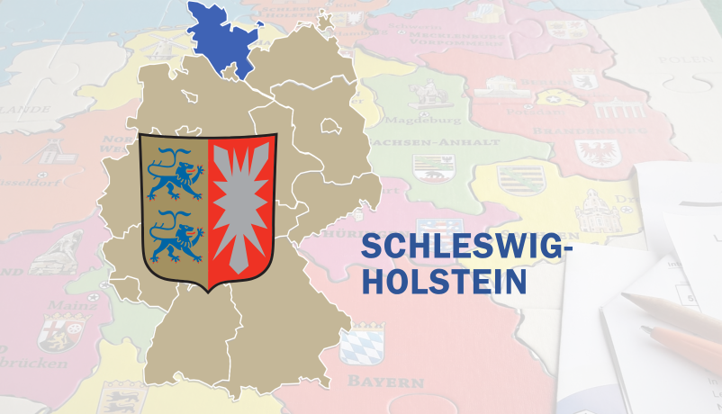 Deutschlandkarte mit hervorgehobenem Schleswig-Holstein und Landeswappen Schleswig-Holstein