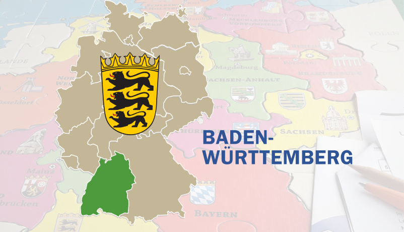 Deutschlandkarte mit hervorgehobenem Baden-Württemberg und Landeswappen Baden-Württemberg