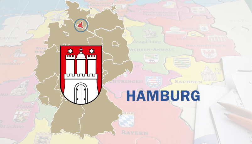 Deutschlandkarte mit hervorgehobenem Hamburg und Hamburger Landeswappen