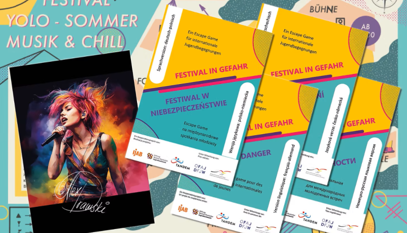 Cover des Escape Games „Festival in Gefahr“ in mehreren Sprachen für internationale Jugendbegegnungen