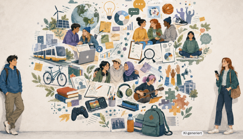 KI-generierte Illustration zum Thema Jugend- und Bildungsstudien sowie zur Situation junger Menschen in Deutschland