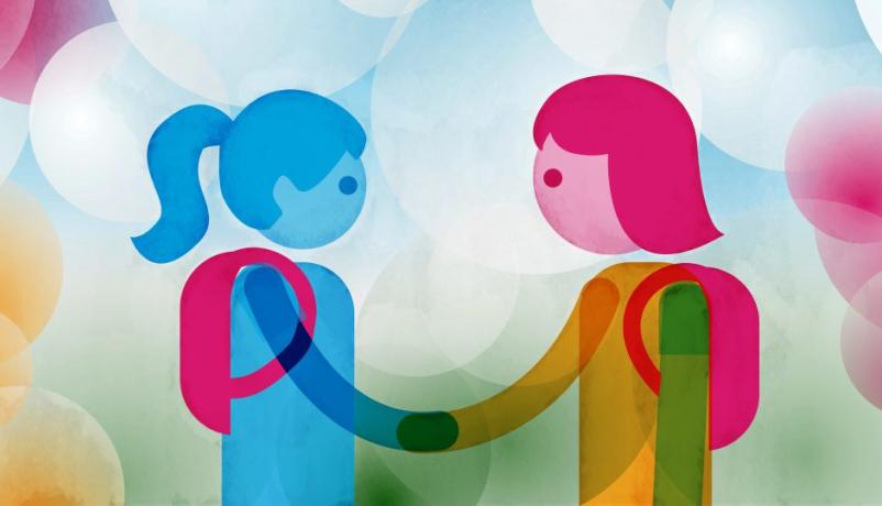 Förderprogramm Schulischer Austausch der Deutsch-Türkischen Jugendbrücke Illustration zweier stilisierter Jugendlicher, die sich die Hand geben – Symbol für schulischen Austausch und Partnerschaft