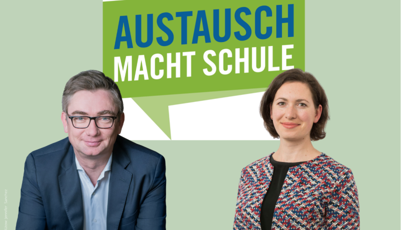 Tobias Bütow, Generalsekretär des DFJW, und Kathrin Freier-Maldoner, Leiterin des Koordinierungszentrums Deutsch-Tschechischer Jugendaustausch Tandem sind das neue Sprecher:innen-Duo der Initiative "Austausch macht Schule"