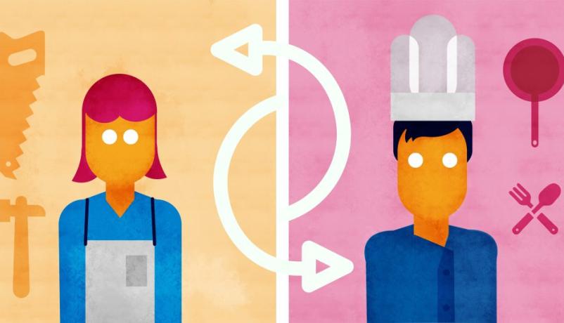 Illustration zweier Personen aus Handwerk und Gastronomie, verbunden durch schwungvolle Pfeile
