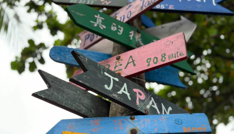 Wegweiser mit vielen verschiedenfarbigen Schildern zu internationalen Zielen