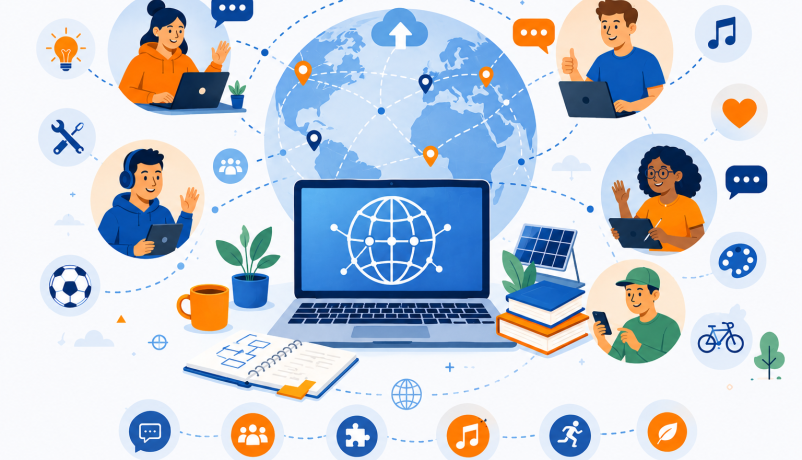 Digitale Vernetzung von Menschen weltweit mit Symbolen für Kommunikation, Projekte, Kreativität und internationalen Austausch.
