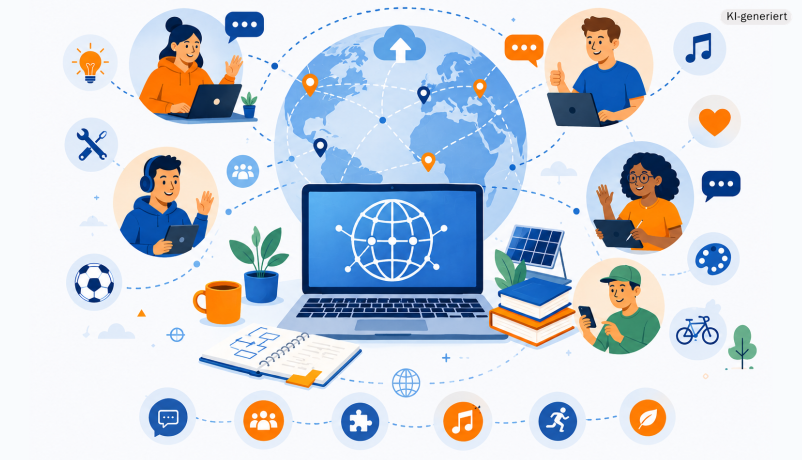 KI-generierte Illustration: Digitale Vernetzung von Menschen weltweit mit Symbolen für Kommunikation, Projekte, Kreativität und internationalen Austausch. 