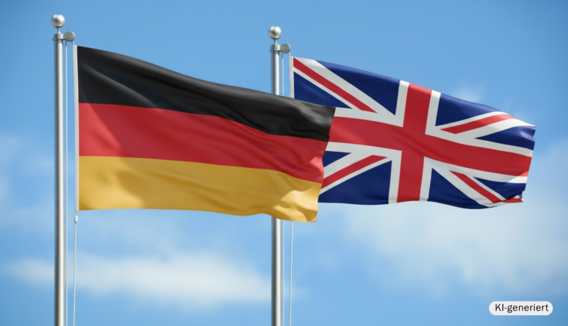 KI-generierte Illustration: Eine deutsche und eine britische Flagge wehen im Wind. 