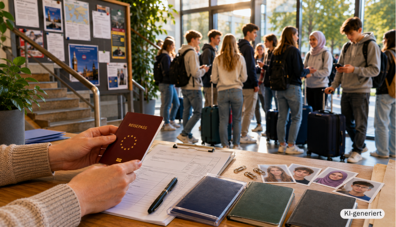KI-generierte Illustration: Eine Schülergruppe wartet im Foyer einer Schule auf die Abreise zu einem Schüleraustausch.