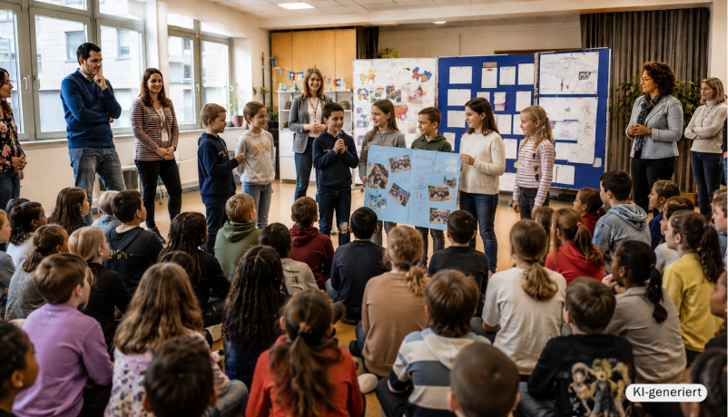 KI-generierte Illustration: Schülerinnen, Schüler und Lehrkräfte präsentieren ein internationales Schulpartnerschaftsprojekt