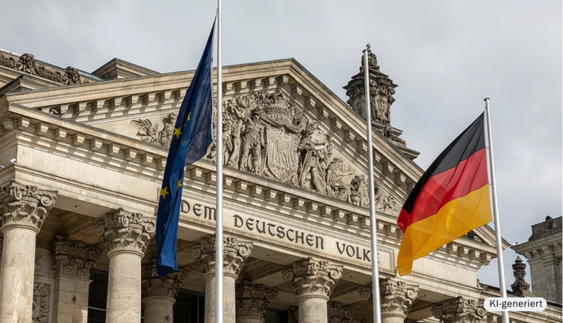 KI-generierte Illustration: Europaflagge und Bundesflagge vor dem Reichstagsgebäude