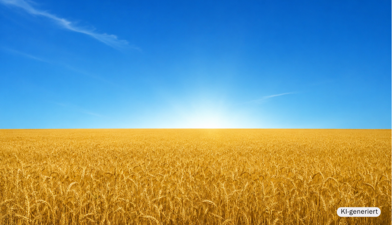 KI-generierte Illustration: Goldenes Weizenfeld unter strahlend blauem Himmel