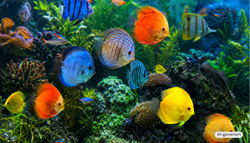 KI-generierte Illustration: Bunte tropische Fische in einer unterseeischen Rifflandschaft