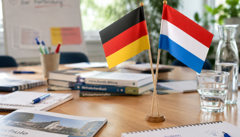 eine deutsche und eine niederländische Flagge stehen auf einem Konferenztisch, dazu Material für eine Fortbildung