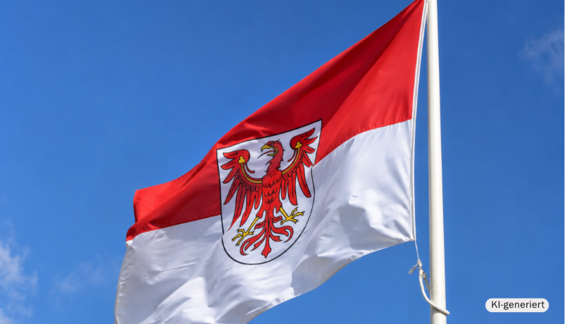 KI-generierte Illustration: Flagge des Landes Brandenburg weht leicht im Wind