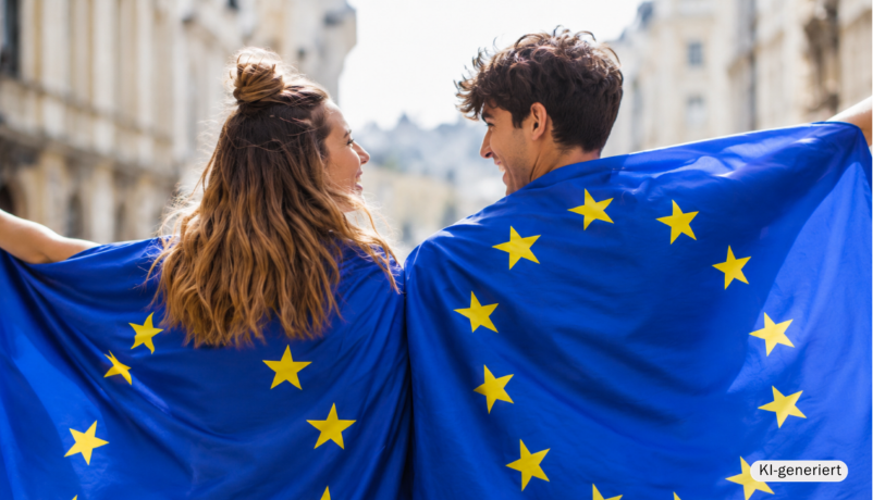 KI-generierte Illustration: junge Frau und junger Mann tragen je eine Europaflagge auf den Schultern - Zeichen für europäische Verbundenheit