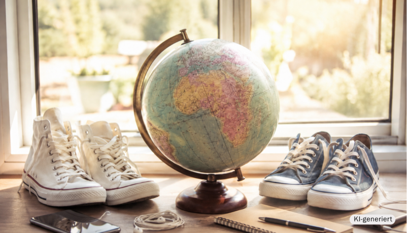 KI-generierte Illustration: Schuhe und ein Globus als Zeichen für Bereitschaft zum Aufbruch in die Welt