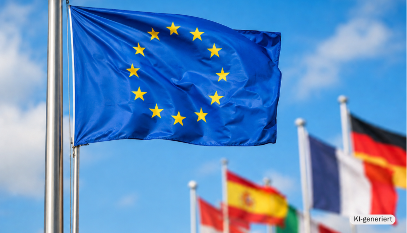 KI-generierte Illustration: Flaggen europäischer Staaten, im Vordergrund die der Europäischen Union