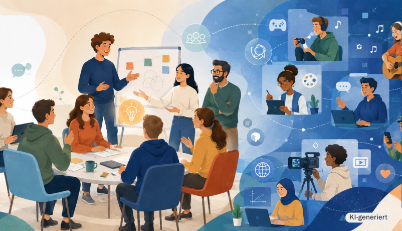 Ki-generierte Illustration zur Konferenz; Darstellung junger Menschen im Austausch vor Ort und digital bei einer internationalen Begegnung