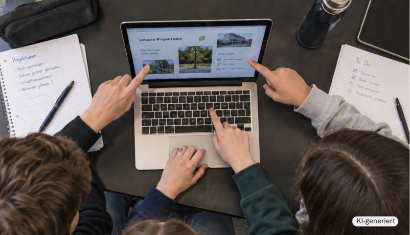 Die KI-generierte Illustration zeigt Schülerinnen und Schüler, wie sie an einem Laptop zu einem gemeinsamen Austauschprojekt arbeiten.