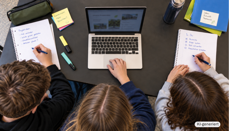 Die KI-generierte Illustration zeigt Schülerinnen und Schüler, wie sie an einem Laptop zu einem gemeinsamen Austauschprojekt arbeiten.