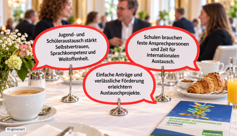 KI-bearbeitetes Foto Frühstückstisch beim Parlamentarischen Frühstück internationaler Schüleraustausch mit Sprechblasen und Forderungen
