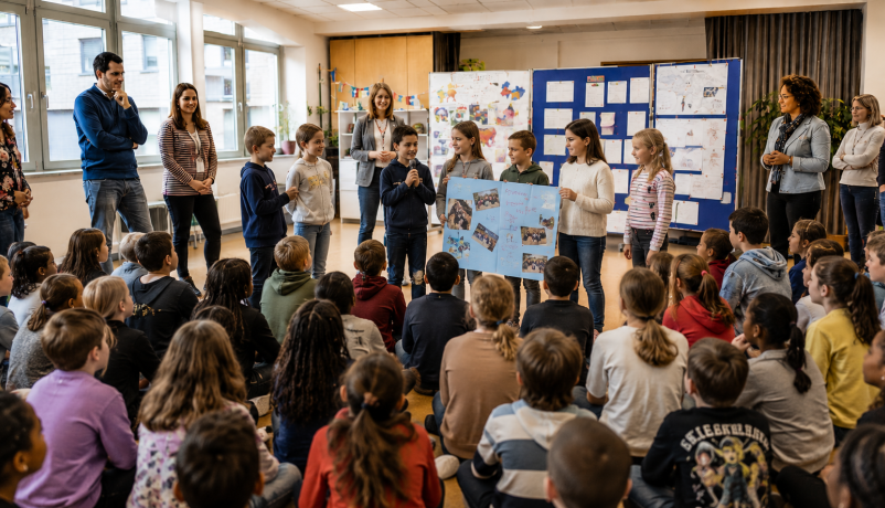 Schülerinnen, Schüler und Lehrkräfte präsentieren ein internationales Schulpartnerschaftsprojekt