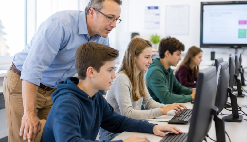 Lehrer und Schüler arbeiten in der Schule am Computer