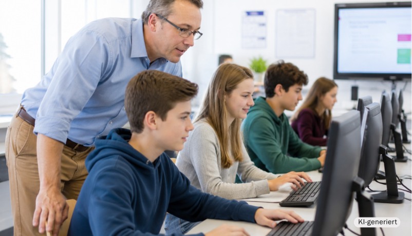 KI-generierte Illustration: Lehrer und Schüler arbeiten in der Schule am Computer