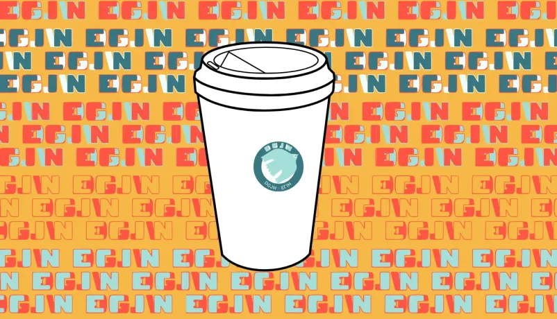 Zeichnung mit einem Mosaik aus Logos des DGJW-EGIN und einem Kaffebecher To go