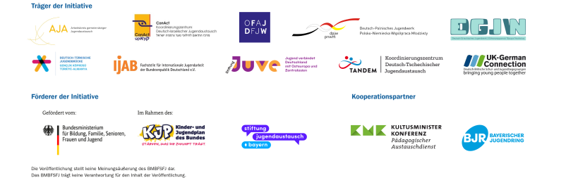 Darstellung mit den Logos der Träger, Förderer und Partner der Initiative „Austausch macht Schule“ 