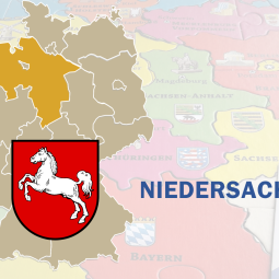 Deutschlandkarte mit hervorgehobenem Niedersachsen und niedersächsischem Landeswappen
