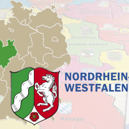 Deutschlandkarte mit hervorgehobenem Nordrhein-Westfalen und Landeswappen