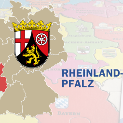 Deutschlandkarte mit hervorgehobenem Rheinland-Pfalz und rheinland-pfälzischem Landeswappen