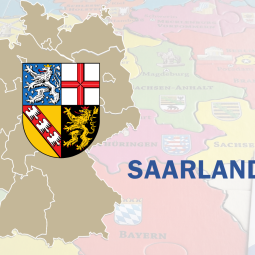 Deutschlandkarte mit hervorgehobenem Saarland und saarländischem Wappen