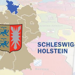 Deutschlandkarte mit hervorgehobenem Schleswig-Holstein und Landeswappen Schleswig-Holstein