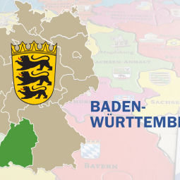 Deutschlandkarte mit hervorgehobenem Baden-Württemberg und Landeswappen Baden-Württemberg