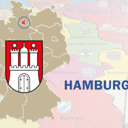 Deutschlandkarte mit hervorgehobenem Hamburg und Hamburger Landeswappen