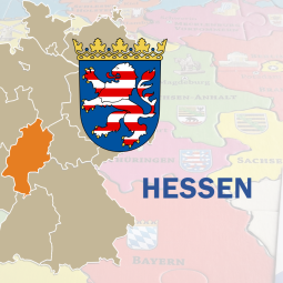 Deutschlandkarte mit hervorgehobenem Hessen und hessischem Landeswappen