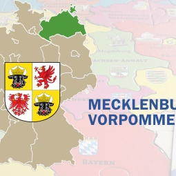 Deutschlandkarte mit hervorgehobenem Mecklenburg-Vorpommern und Landeswappen