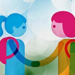 Illustration zweier stilisierter Jugendlicher, die sich die Hand geben – Symbol für schulischen Austausch und Partnerschaft