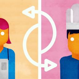 Illustration zweier Personen aus Handwerk und Gastronomie, verbunden durch schwungvolle Pfeile
