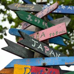 Wegweiser mit vielen verschiedenfarbigen Schildern zu internationalen Zielen