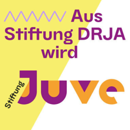 Grafik mit Schriftzug: Aus Stiftung DRJA wird Stiftung Juve – neues Logo der Stiftung Juve Grafik mit Schriftzug: Aus Stiftung DRJA wird Stiftung Juve – neues Logo der Stiftung Juve