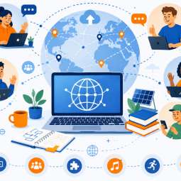KI-generierte Illustration: Digitale Vernetzung von Menschen weltweit mit Symbolen für Kommunikation, Projekte, Kreativität und internationalen Austausch. 