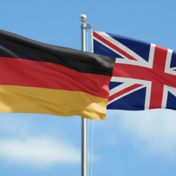 KI-generierte Illustration: Eine deutsche und eine britische Flagge wehen im Wind. 