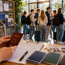 Eine Schülergruppe wartet im Foyer einer Schule auf die Abreise zu einem Schüleraustausch.