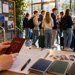 KI-generierte Illustration: Eine Schülergruppe wartet im Foyer einer Schule auf die Abreise zu einem Schüleraustausch.